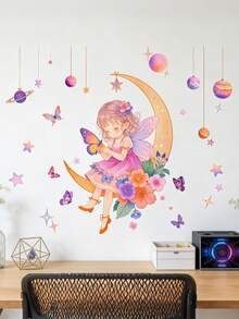 1 set/2 pièces Stickers muraux d'étoiles de princesse pour filles, design de papillon, décoration murale pour tête de lit, chambre à coucher, salon, bureau. Idéal pour les maisons de location. - Multicolore - Voir 6