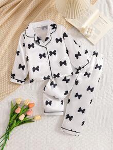 Girls Cute Bow Print Long Pajama Set - White - View 1