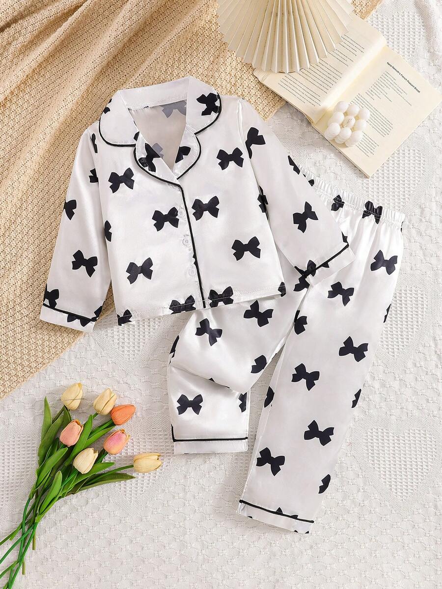 Girls Cute Bow Print Long Pajama Set - White - View 1