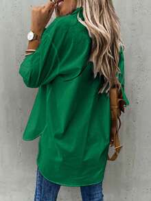 Plus Size Women's Solid Color Casual Turndown Collar Tie-Front Long Sleeve Shirt - Green - View 2