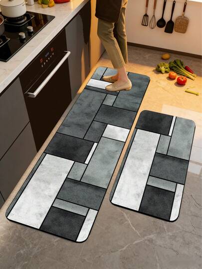 1pc Silica Gel Kitchen Mat, Featuring Mondrian-Style Abstract Geometric Pattern In Black, White And Gray Tones Imitating Stone Texture, Presenting A And Luxurious Industrial Design. The Kitchen Mat Has A Fashionable Cushioning Anti-Fatigue Surface Fabric With Absorbent Sponge Material Inside.