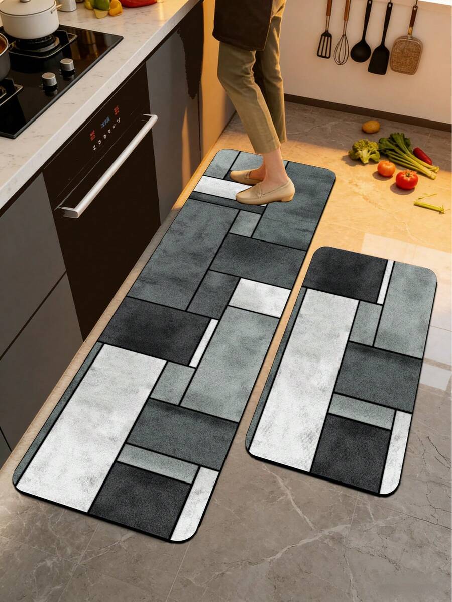 1pc Silica Gel Kitchen Mat, Featuring Mondrian-Style Abstract Geometric Pattern In Black, White And Gray Tones Imitating Stone Texture, Presenting A And Luxurious Industrial Design. The Kitchen Mat Has A Fashionable Cushioning Anti-Fatigue Surface Fabric With Absorbent Sponge Material Inside. - Multicolor - View 1