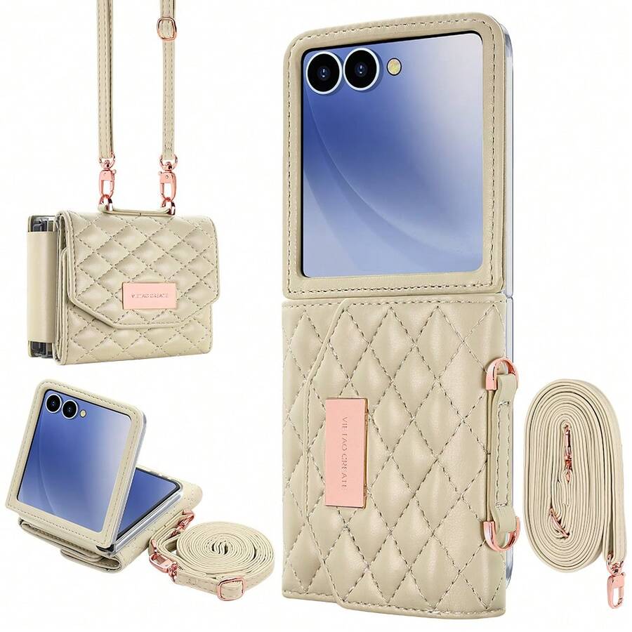 VIETAO Crossbody Lanyard Card Slot Wallet Bag Faux Leather Mobile Phone Case Compatible With Samsung Galaxy Flip 3 4 5 6 7 Cellphone Cover Z Flip3 Flip4 Flip5 Flip6 - White - View 1