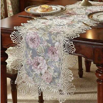 1pc Jacquard Lace Trim Table Runner, Elegant Countryside Style, Polyester Lace Trim Table Runner, Suitable For Dining Table, Coffee Table, Daily Home Decor And Wedding Party Holiday