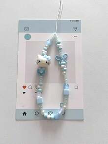 SANRIO 1pc INS Style 3D Pink Hello Kitty Beaded Phone Charm, Handmade Bow Keychain, Creative DIY CCD Camera Crystal Style Lanyard, Anti-Lost Accessory - Bow Kitten - View 4