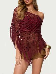 FADZOYLE 1 chiếc áo choàng poncho dệt kim lấp lánh đính sequin dành cho nữ, khăn choàng và khăn quàng cổ tay cánh dơi, áo khoác ngoài bất đối xứng, áo len che phủ, đồ đi biển, phụ kiện dự tiệc, đám cưới, đêm Harlem, quà tặng Ngày của Mẹ, phụ kiện, ngày lễ - Nhiều màu - Xem 14
