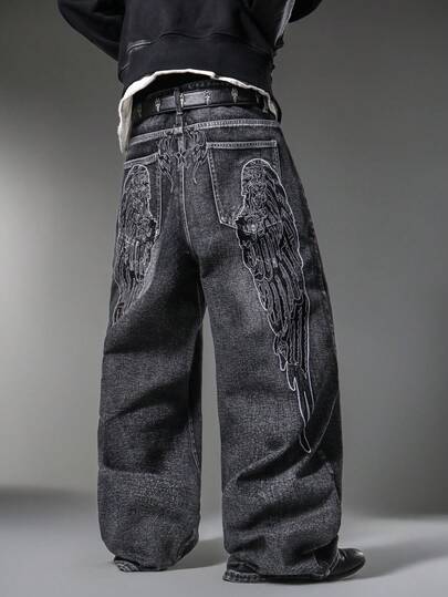 Quần jeans nam màu đen hiệu American Streetwear, thêu họa tiết phía sau, kiểu dáng ống rộng thoải mái, đa năng, phù hợp cho mọi mùa (Không bao gồm thắt lưng và phụ kiện).
