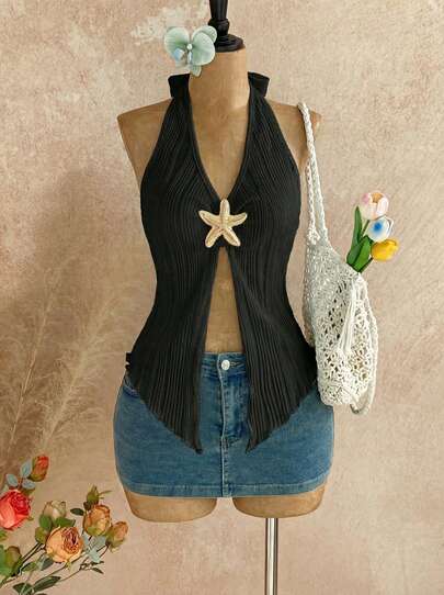Temptaria Women's Fashionable Starfish Decor Backless Camisole, 3D Textured Knit Fabric, Sexy Fitted Waist Tank Top Backless Sleeveless Knit Pullover Sweater With Tie Front, Open Back Design Hollow Out Twist Cutout Cropped Top, Spring/Summer/Autumn Casual Black