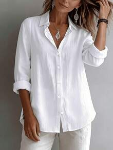 Women's White Simple Button Front Shirt, Casual Blouse Suitable For Various Occasions - White - View 2