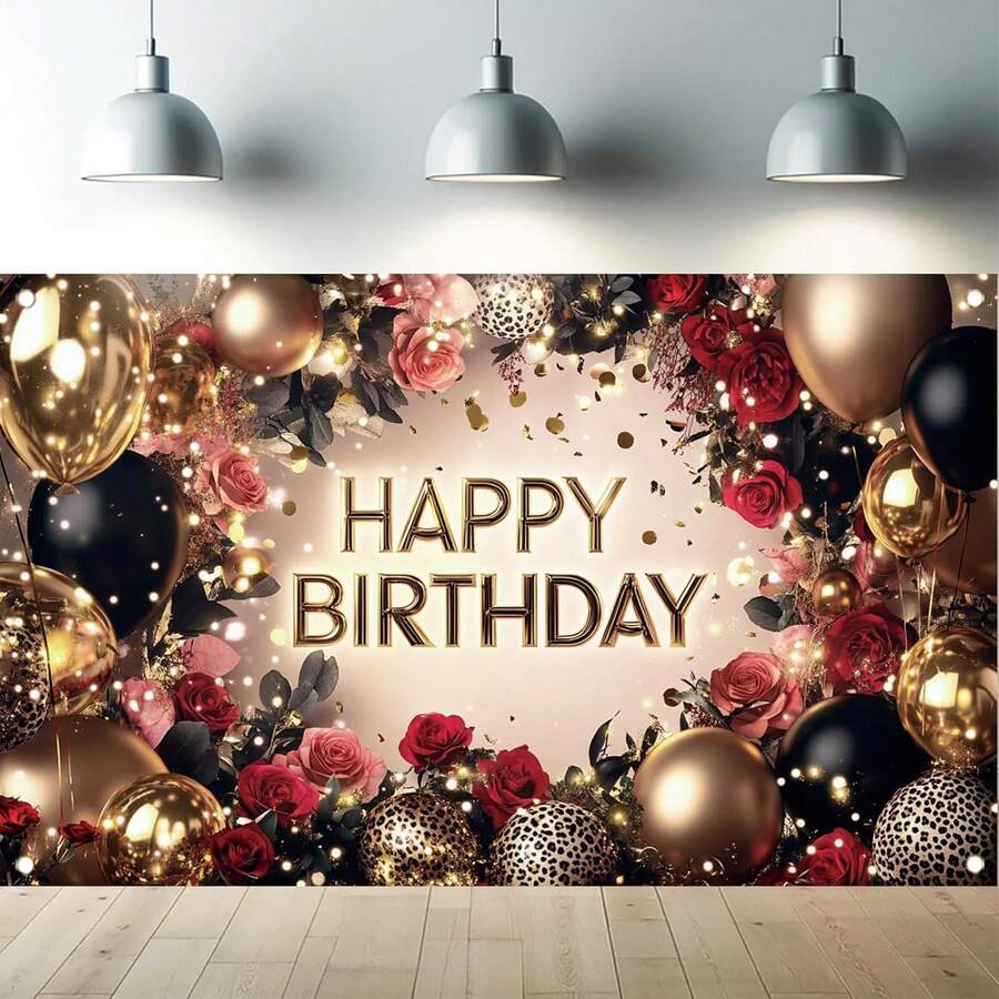 Fondo de fondo de rosa roja y negra con globos dorados para fotografía, decoración de fiesta de cumpleaños, elegantes suministros florales de cumpleaños, accesorios para cabina de fotos, 71 - Rosa roja y negra - Ver 1