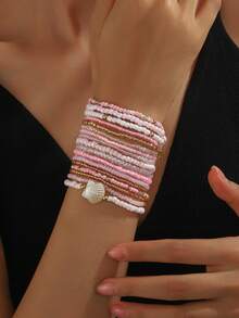 17件套波西米亚贝壳串珠叠层手链套装，适合女性，夏季海滩度假日常休闲佩戴，母亲节、节日、生日礼物。 - 粉色 - 查看 2