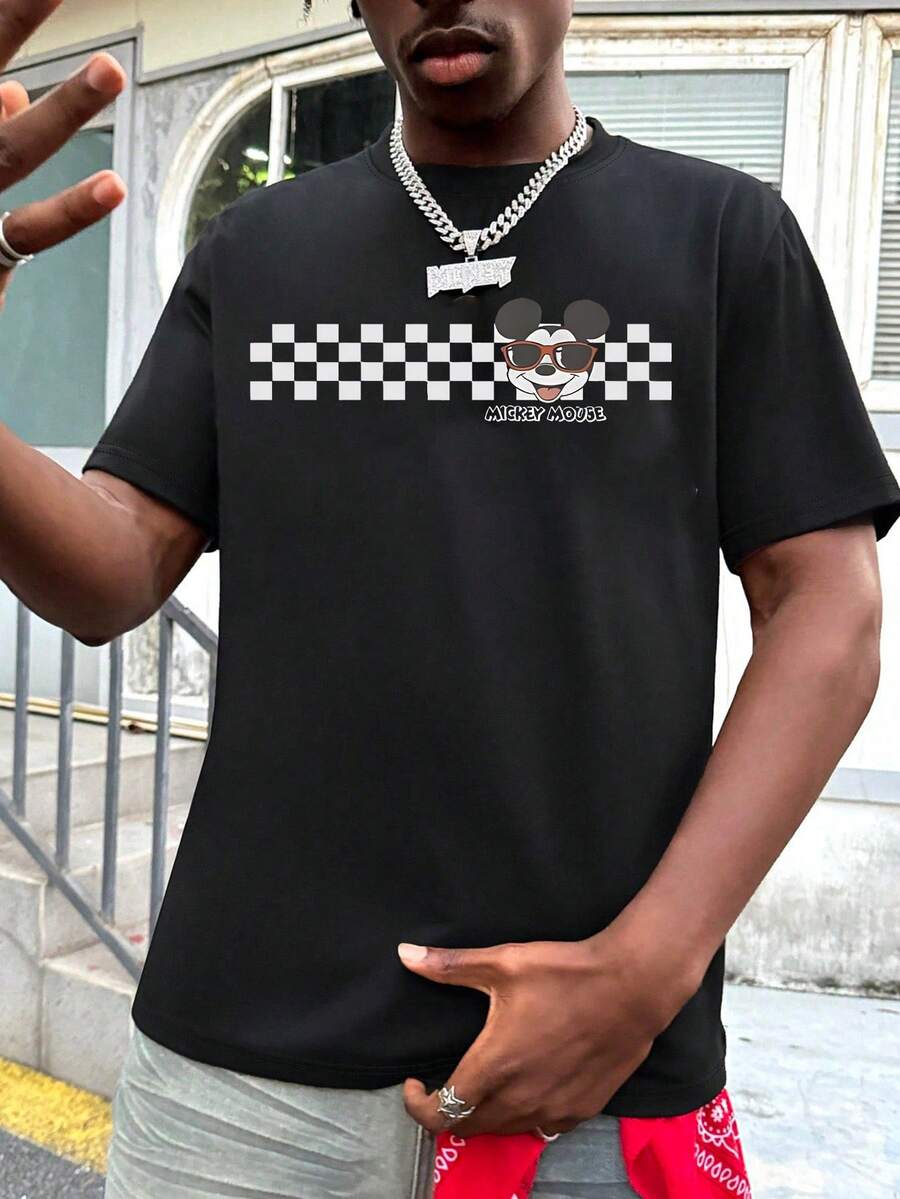 Unisex Short Sleeve T-Shirt, Disney Checkerboard Mickey Print Casual T-Shirt, Summer Travel Short Sleeve - 黑色 - 查看 1