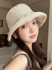 New Arrival Japanese Style Plaid Bucket Hat, Women Spring Summer Korean Version Large Brim Outdoor Sun Protection Hat, Petite Face Flattering Artistic Cap,Holiday,Festival - Hat - View 3