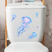 1pc Dreamlike Glowing Blue Jellyfish Wall Sticker, Luminous Marine Life Decal, Easy To Apply Bathroom Wall Decor - Multicolor - View 8