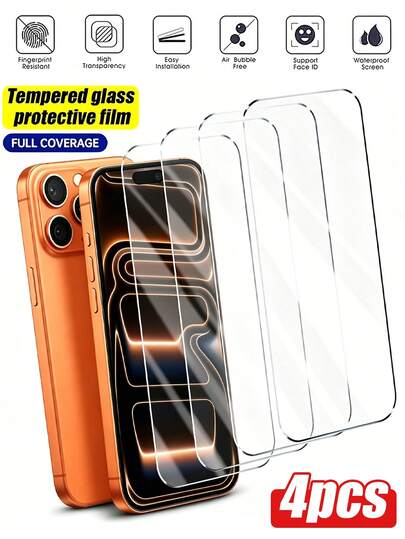 4片装高清钢化玻璃屏幕保护膜，兼容 17/17 Air/17 Pro Max/16/16 Pro/16 Plus/16 Pro Max/15/14 Plus/13/12 Mini/11 Pro Max/X/XR/XS Max。高清晰度，9H硬度，防震防摔，易于安装。实用产品，具有防指纹和防刮擦功能。
