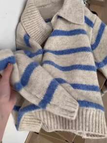 Women's Relaxed Oatmeal Base Blue Striped Collar Knit Sweater, Slouchy Pullover - Multicolor - View 6
