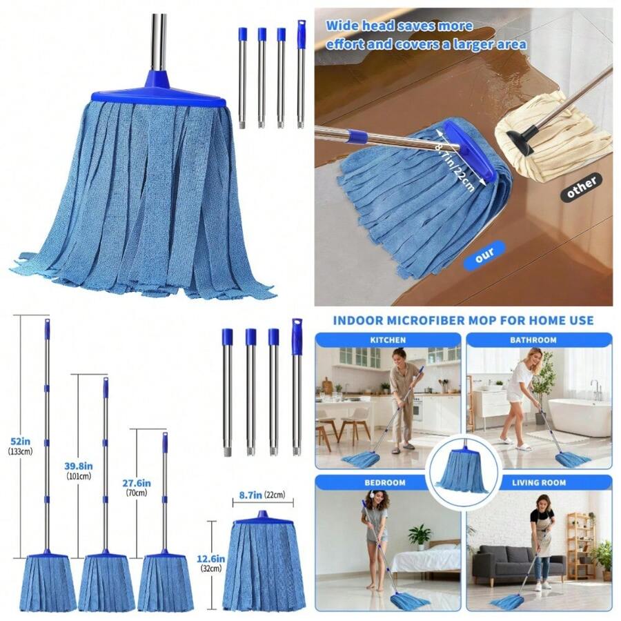 Commercial Microfiber Mop With 52 Inch Stainless Steel Handle And Reusable Blue Mop Head For Indoor Outdoor Floors - 1 - Xem 1