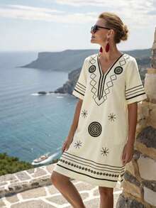 波西米亚风刺绣亚麻混纺V领短袖印花沙滩度假迷你连衣裙（女款） - 杏色 - 查看 6