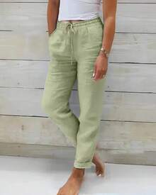 Cotton Linen Summer Pants For Women High Waist Elastic Casual Trousers Streetwear Solid Female Clothes 2026 Loose Pencil Pants - 綠色 - 查看 4