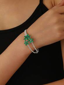 1pc Fashion Floral Cubic Zirconia Decorated Multi-Layer Open Bangle Bracelet, Suitable For Women's Daily Wear - Silver - View 8