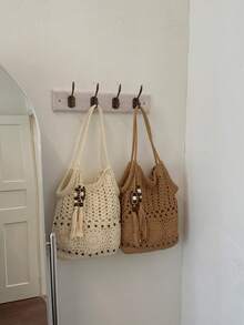 Hollow Tassel Handmade Crochet Cotton Shoulder Bag, Zipper Closure, Bohemian Style, Suitable For Vacation, Commute And Daily Use - Khaki - View 2