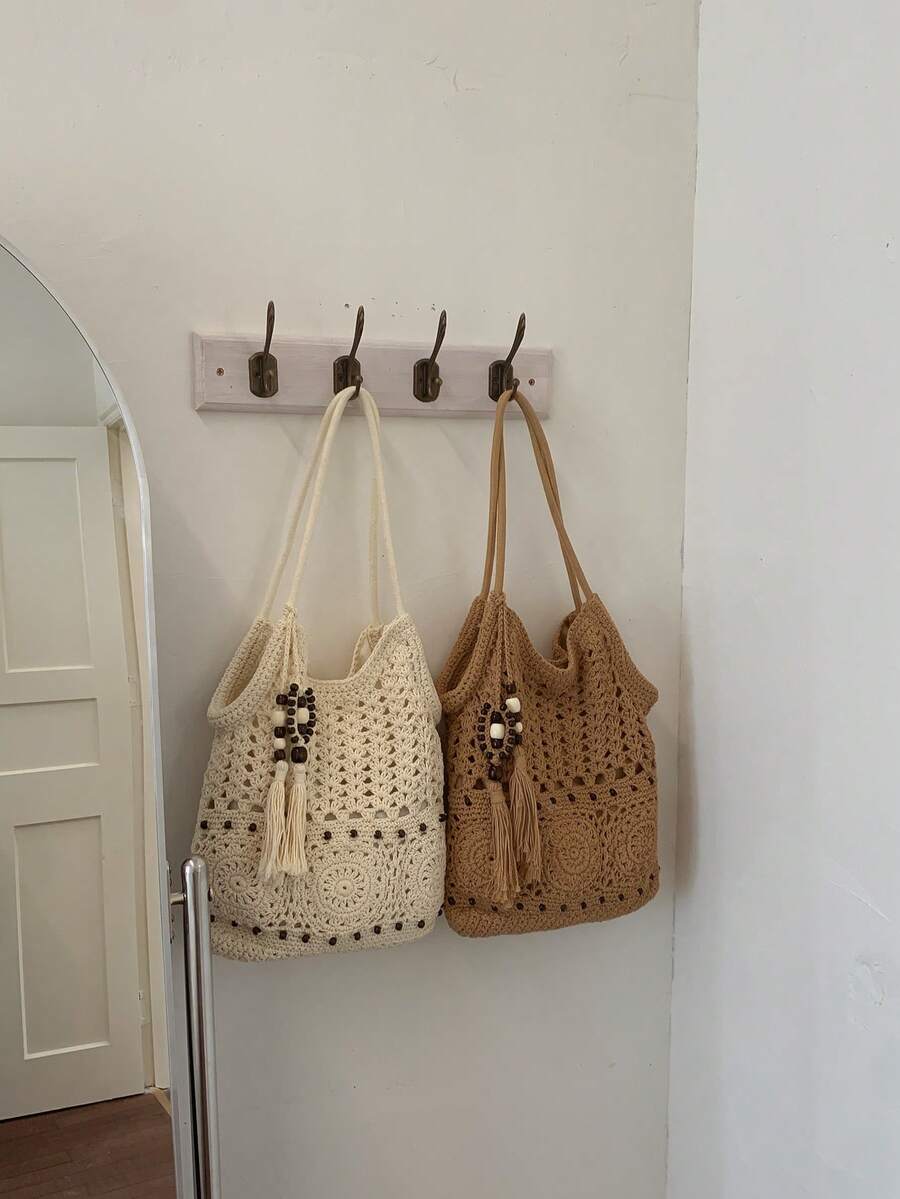 Hollow Tassel Handmade Crochet Cotton Shoulder Bag, Zipper Closure, Bohemian Style, Suitable For Vacation, Commute And Daily Use