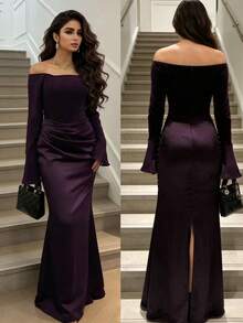 Vestido de noche formal elegante de hombros descubiertos, con cremallera, volantes y manga larga, para boda y fiesta de primavera - Morado - Ver 1
