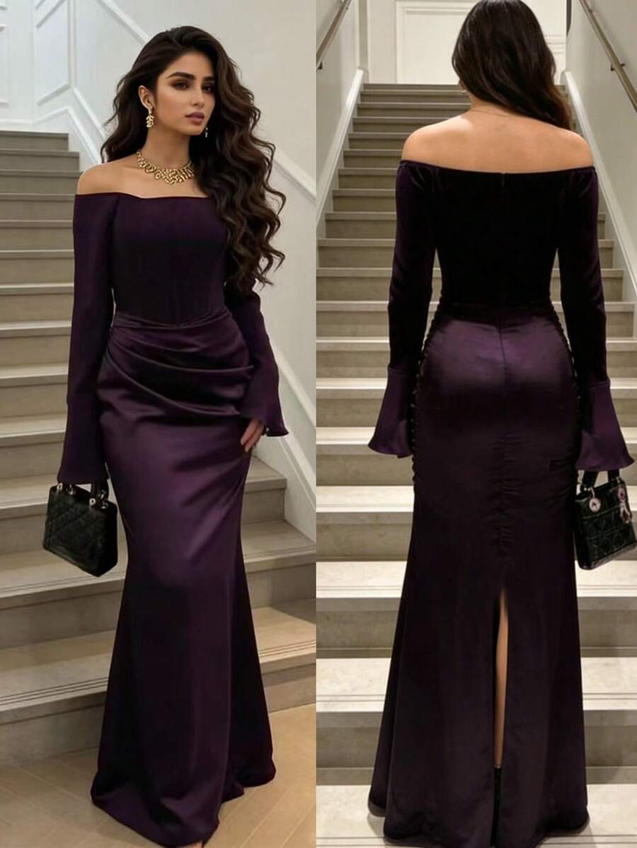 Vestido de noche formal elegante de hombros descubiertos, con cremallera, volantes y manga larga, para boda y fiesta de primavera - Morado - Ver 1