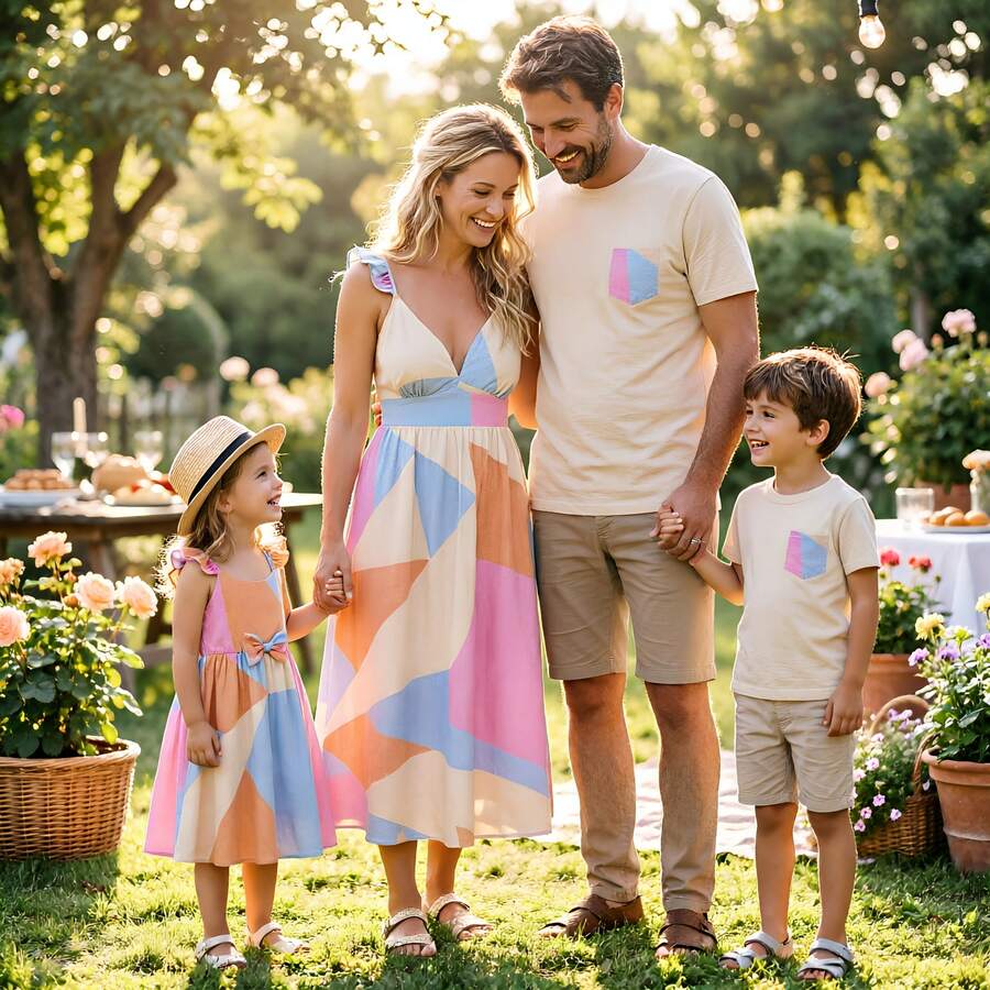 PatPat Family Matching Outfits Set Colorblock Sleeveless Strappy Dress Or Short-Sleeve T-Shirt - 彩色 - 查看 1