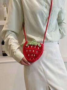 Cute Strawberry Knitted Pouch, Handmade DIY Niche Design Woven Bag, Mini Coin Crossbody Purse, Strawberry - 粉色 - 查看 12