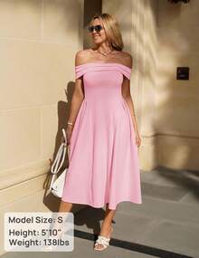 ZESICA Summer 2026 Cocktail Dresses For Women's Off Shoulder Short Sleeve Swing A Line Wedding Evening Party Midi Dress - Hồng - Xem 7