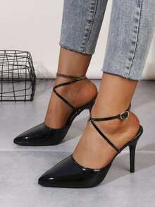 Women's Pointed Toe High Heel Strappy Sexy Sandals, Hollow Out Criss-Cross Strap Stilettos - Black - View 2