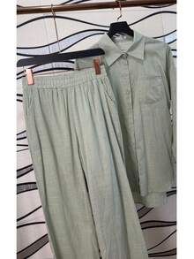 Linen Shirt And Pants Set (2 Pieces), Lined With Elastic. - Xanh lá nhạt - Xem 3