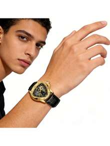 1pc Men's Gold Sports Triangle Hollow Automatic Mechanical Watch, Luminous Hands, Rubber Strap, Fashion Business Men's Watch Gift - Gold - View 10