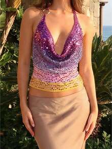 Women Y2K Sequin Halter Neck Top Crochet Cowl Neck Sleeveless Backless Cami Blouse Summer Carnival Rave Wear Party Club Streetwear - Multicolor - View 1