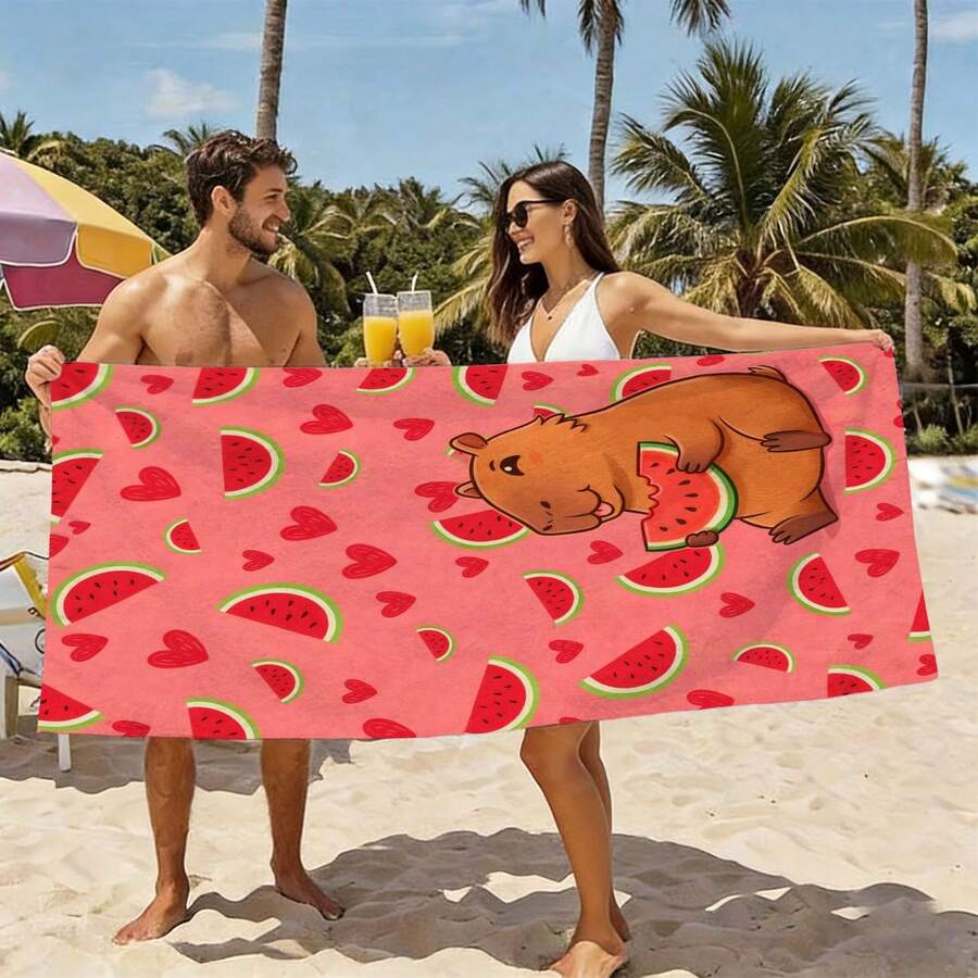 1pc Cute Capybara Hugging Watermelon, Pink Watermelon Pattern Beach Towel, Essential For Summer Beach, Suitable For Swimming Pool, Yoga And Beach Use - D - View 1