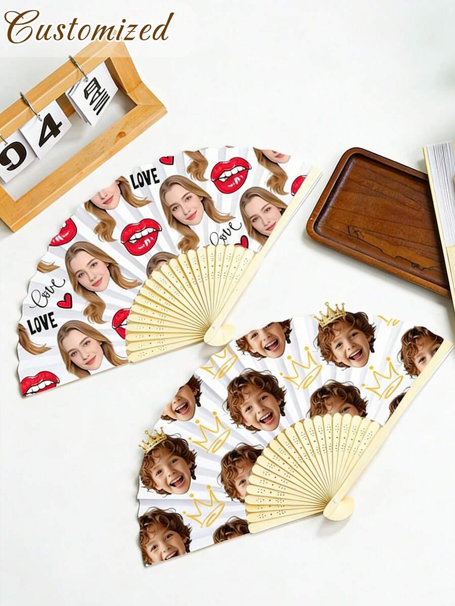 Personalized Photo Handheld Folding Fan, Foldable Bamboo Hand Fan With Custom Photo, Customized Bridesmaid Photo Fan, Unique Bridal Party Birthday Summer Party Gift, Wedding Ceremony Bride Lady Customized Photo Folding Fan - Multicolor - View 1