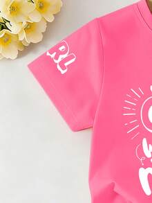 Teenage Girls Casual Cute Slogan Graphic Round Neck T-Shirt + Shorts Set, Comfortable Summer Outfit - Multicolor - View 5
