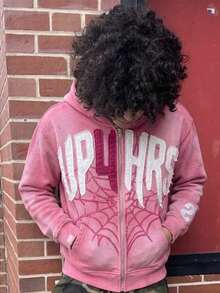 Winter And Spring Y2k Retro Letter Spider Web Digital Printing Personalized Design Sense Hip-Hop Hooded Jacket Hoodies For Men - Pink - View 4
