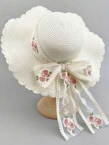 1pc Bohemian Style Retro Korean Version Breathable Straw Hat For Women. Beach Travel Sun Hat, New Street Fashion Wide Brim Hat, Decorated With Elegant Bow And Ribbon Details, Made Of Lightweight And Breathable Polyester Fiber With UV Protection. - Mũ Rơm - Xem 5