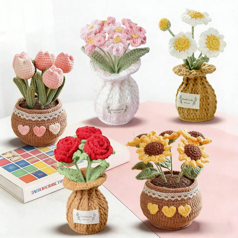1 件人造钩针向日葵、玫瑰、郁金香、假花、桌面装饰、墙壁装饰、人造花,适合生日礼物、周年纪念礼物、母亲节礼物、圣诞节礼物、活动和家居装饰、情人节礼物 - 彩色 - 查看 1