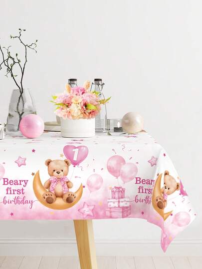 1pc Little Bear Theme 1st Birthday Tablecloth, Pink 1st Birthday Disposable Table Cloth, G Irl Birthday Party Decoration Table Cover, Happy Birthday Table Runner, Berry First Birthday Table Flag, Babe Shower Table Skirt, Gender Reveal Party Decor, Home Decor,Room Decor, Kitchen Table Decor, Outdoor Camping Picnic Decoration Supplies, Birthday Party Supplies, 1st Birthday Photo Props, Birthday Gifts, Party Favors
