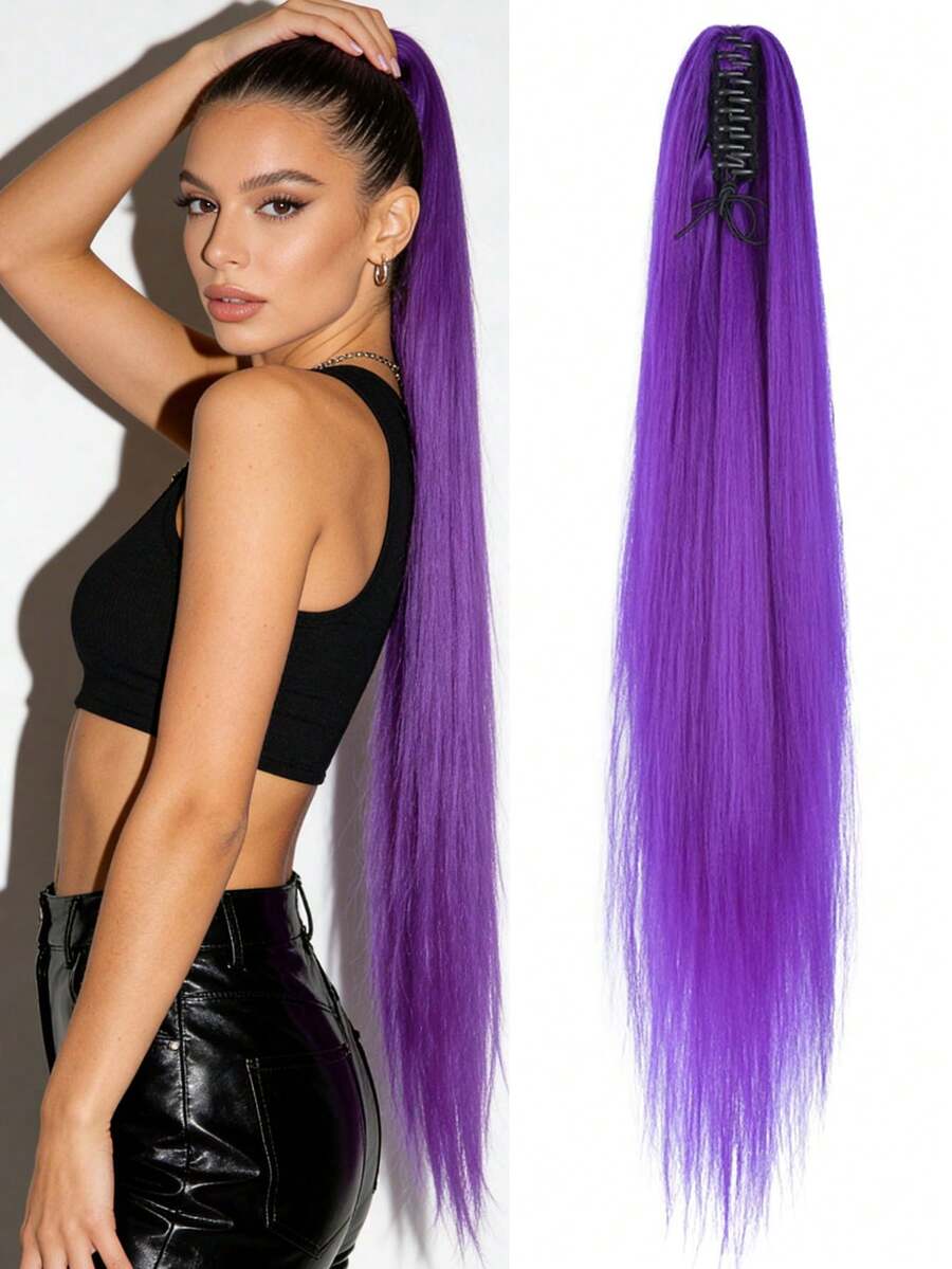 32 Inch LongSynthetic Fiber Braided Purple Wig Braid, Cosplay Purple Braided Wig With Clip-On Ponytail Extension, Suitable For Costume Cosplay, Halloween, Christmas Beach Accessories Hair Clips Summer Outfits Claw Clips - Purple - View 1