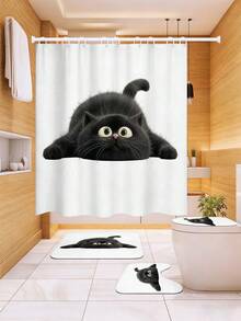 1/3/4件套可爱偷窥黑猫印花浴帘浴室套装，趣味卡通风格浴室窗帘，防水耐用，现代家居浴室装饰浴帘，72英寸*72英寸 - 浴室隔断浴帘，包含12个挂钩，浴室配件 - 包括马桶盖套、浴垫和地毯，采用涤纶面料 - 可水洗，适合家庭浴室 - 呆萌黑貓 - 查看 2