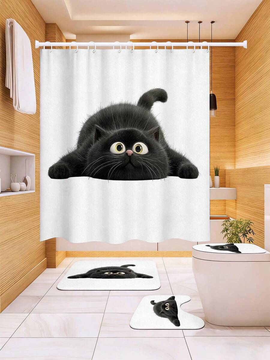 1/3/4件套可爱偷窥黑猫印花浴帘浴室套装，趣味卡通风格浴室窗帘，防水耐用，现代家居浴室装饰浴帘，72英寸*72英寸 - 浴室隔断浴帘，包含12个挂钩，浴室配件 - 包括马桶盖套、浴垫和地毯，采用涤纶面料 - 可水洗，适合家庭浴室