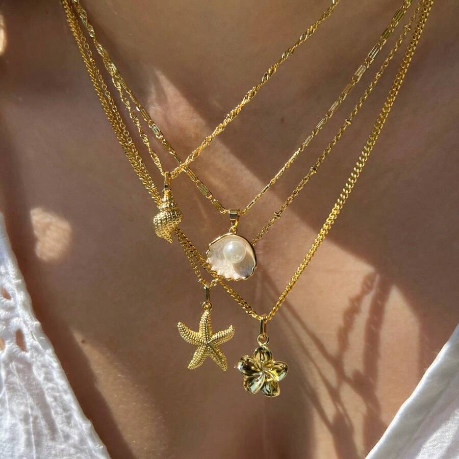 Bộ 1 mặt dây chuyền hình sao biển, vỏ sò, sò điệp nhiều lớp, thiết kế riêng theo sở thích cá nhân, dây chuyền mảnh có thể điều chỉnh kích thước dành cho nữ. - Vàng - Xem 1