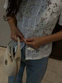 Women Long Sleeve Mandarin Collar Guipure Split Blouse Top Lace Floral Puff Sleeve Button-Down Shirt Slim Fit Elegant Sheer Tops Party Clubwear - 短白 - 查看 7