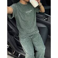Women's Washed Brown T-Shirt And Pants Two-Piece Casual Set - 軍綠色 - 查看 5