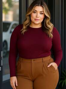 Plus Size T-Shirt Long Sleeve Ribbed Blouse Autumn Winter Moms Cold Versatile Comfortable Casual Style - 酒紅色 - 查看 8