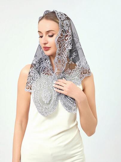 1pc Women's Mesh Embroidered Floral Shawl Triangle Scarf, Elegant Bridal Veil Headpiece, Lace Net Embroidered Headscarf, Versatile For All Seasons, Wedding, Church